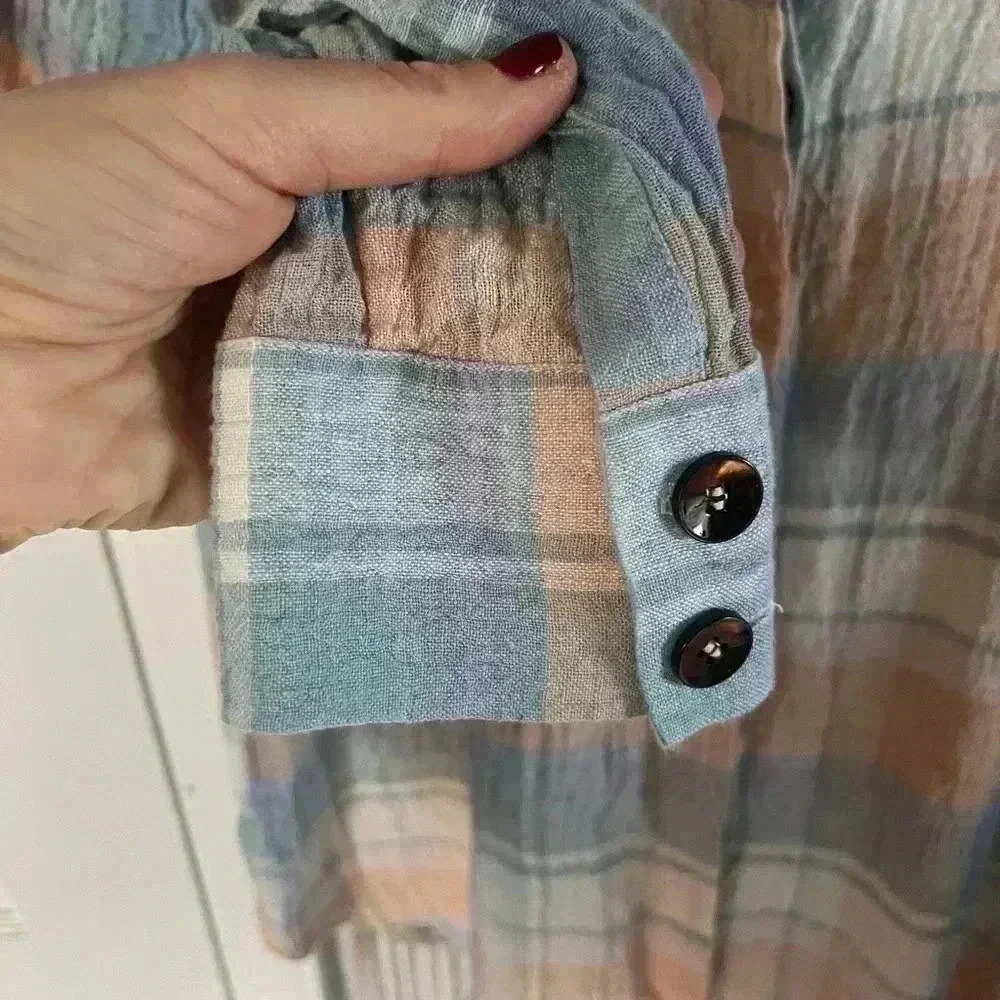 SOFT SURROUNDINGS Linen Pastel Plaid Button Down Tunic XS Laggenlook preppy prep - Picture 5 of 9